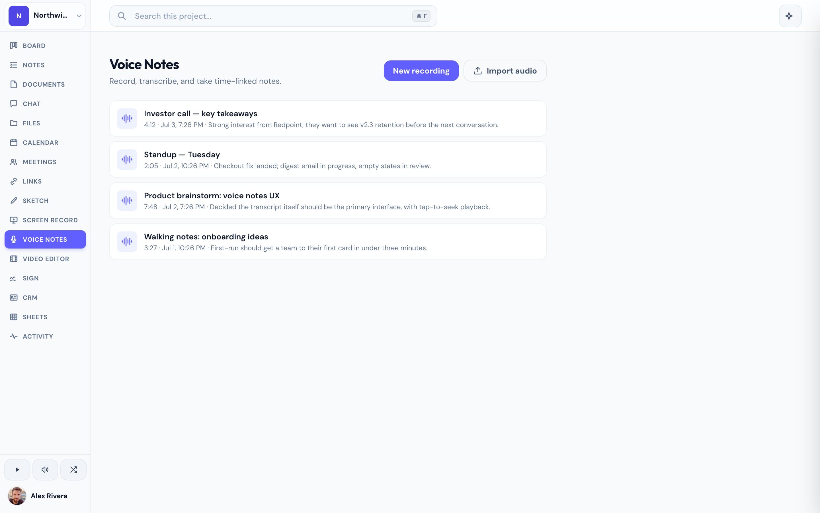 Voice notes in Progress with transcripts and ask-AI