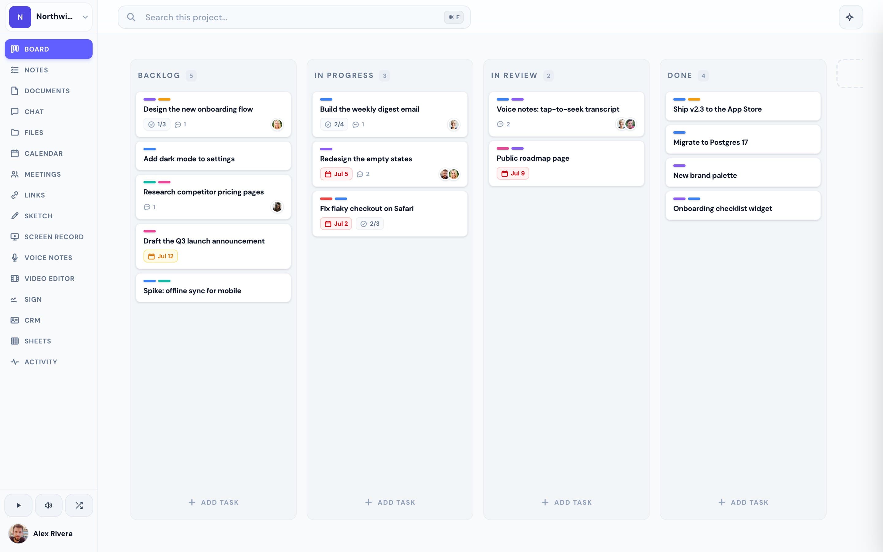 The Progress kanban board with real cards, labels, and checklists