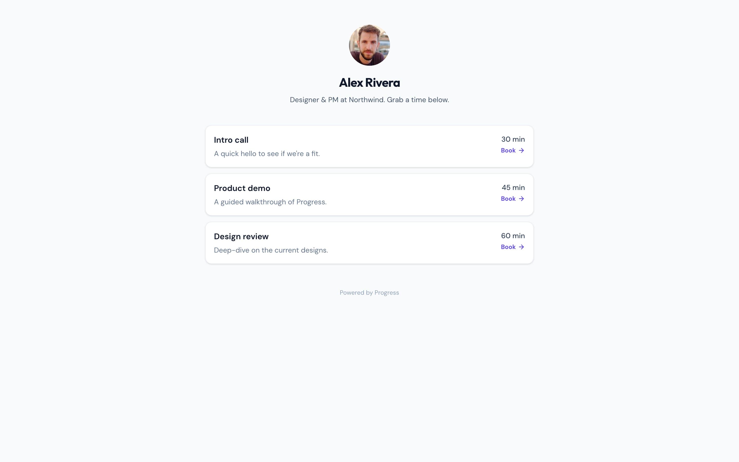 A public Progress booking page where clients pick a time