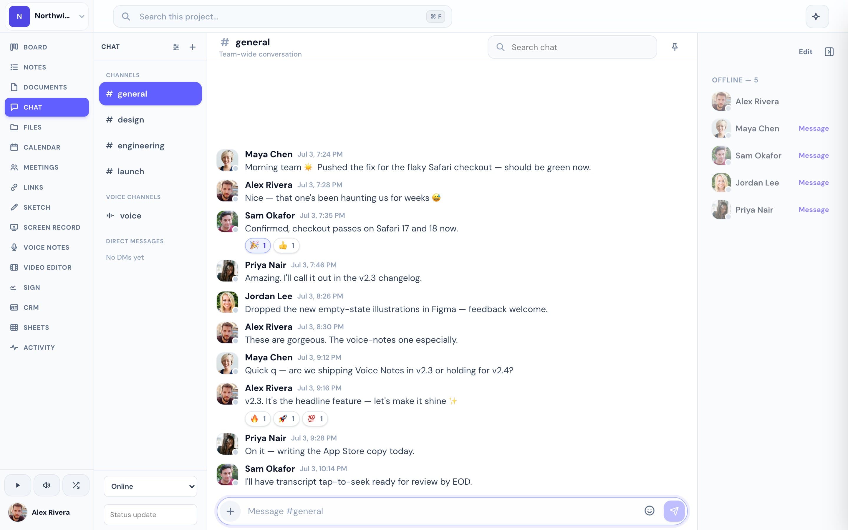 Progress team chat with channels, threads of conversation, and reactions