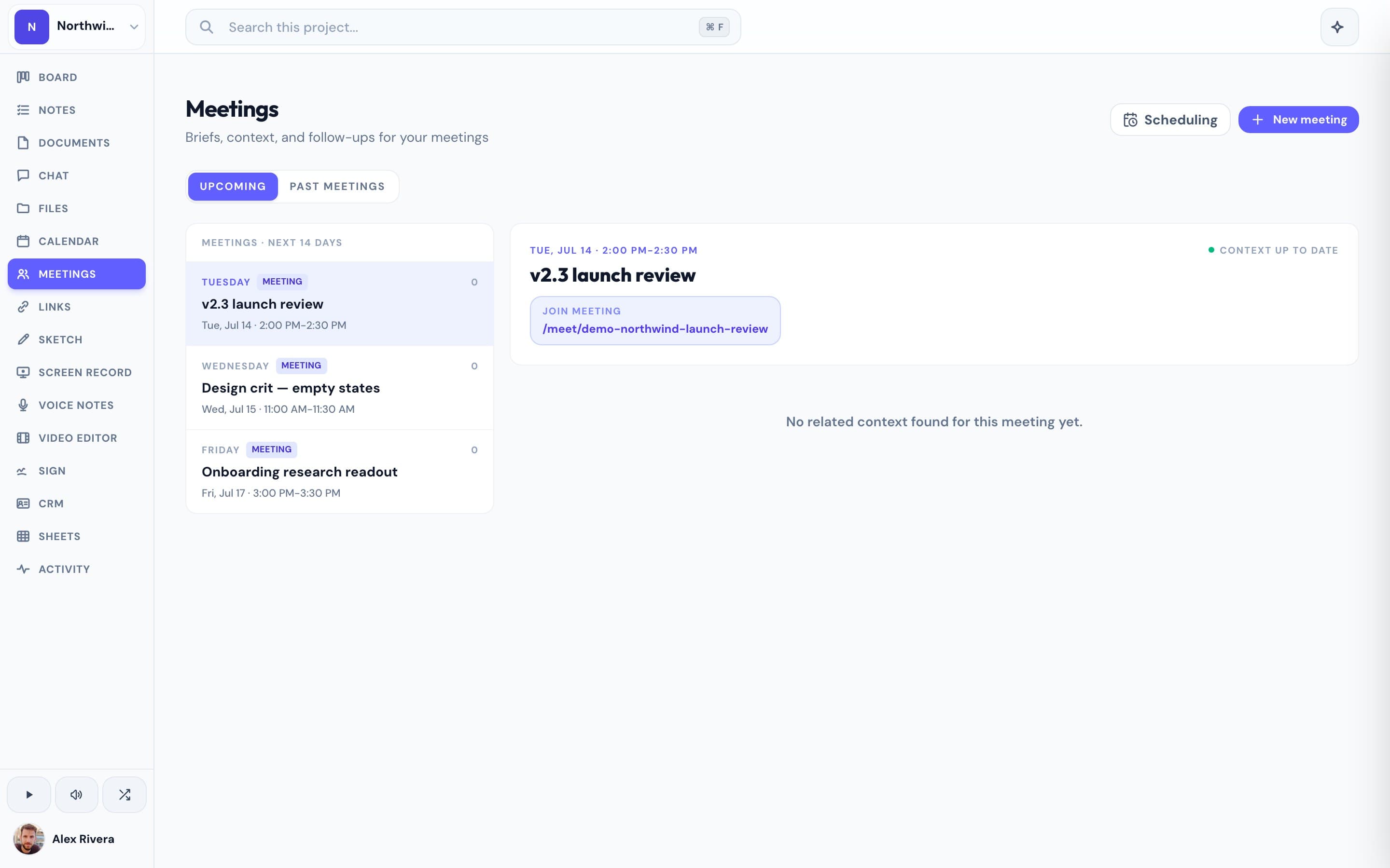 The Progress meetings page with an upcoming meeting and AI notes enabled