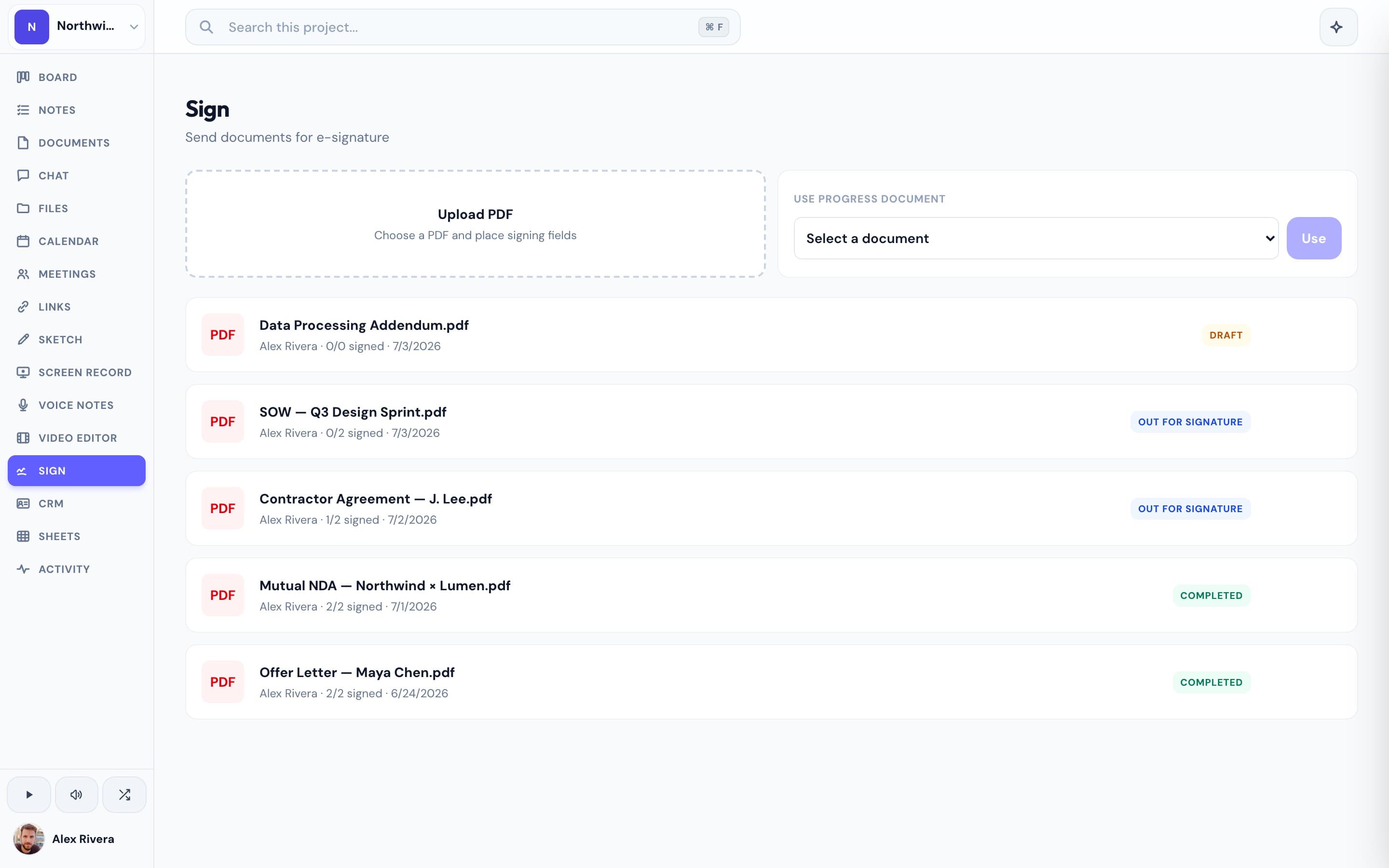 E-signature documents tracked inside a Progress project