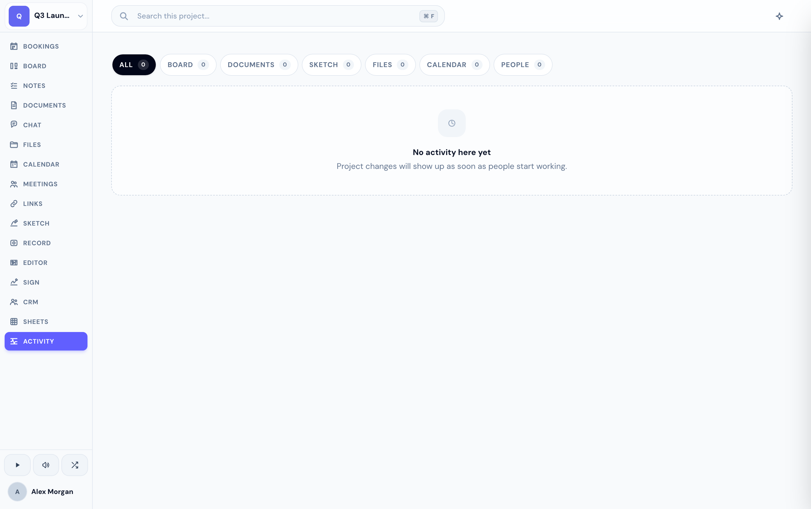 The Activity tab — a log of who did what across the project.