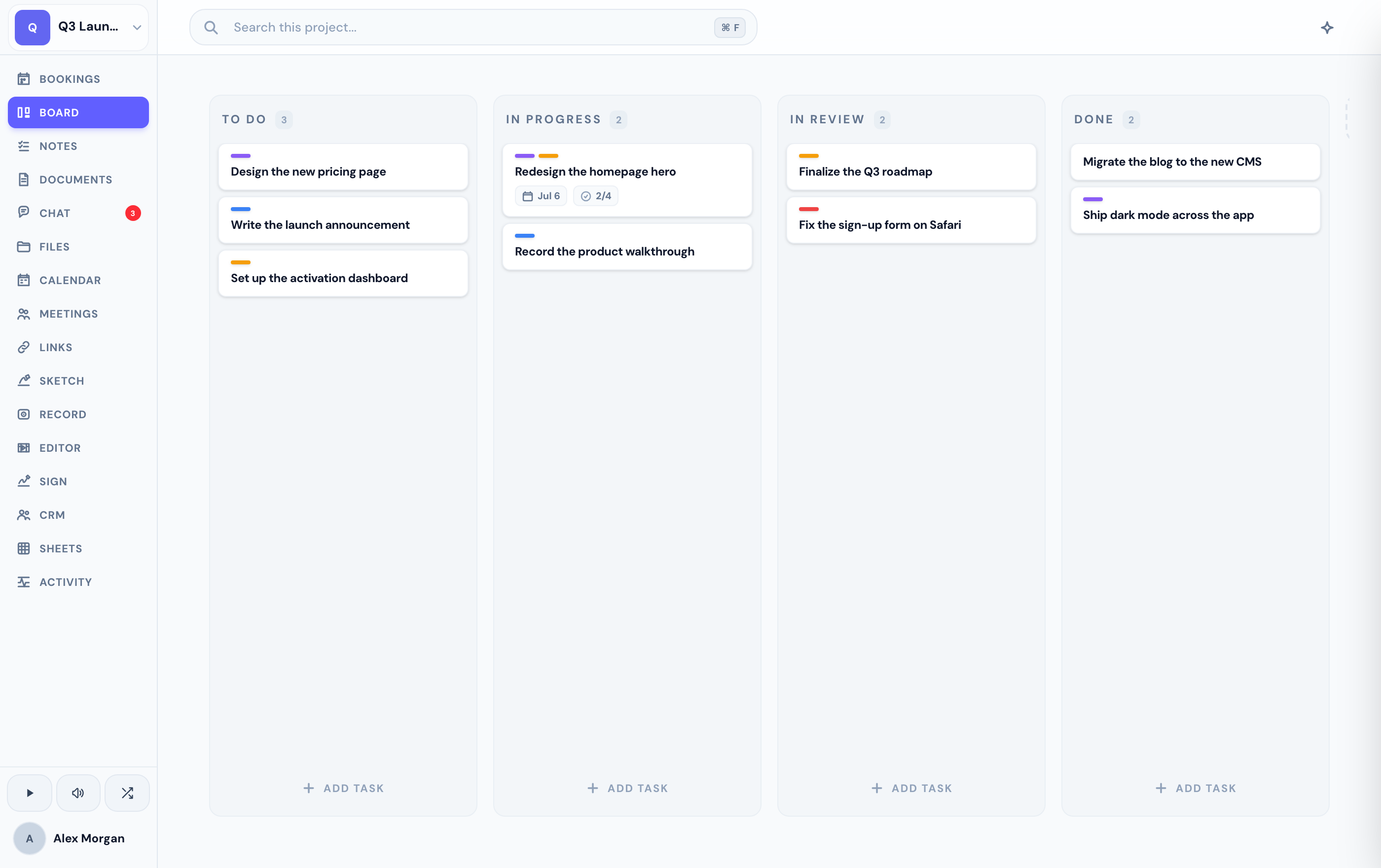 A Progress project board — cards organized into To Do, In Progress, In Review, and Done columns, with labels, due dates, and checklist progress.