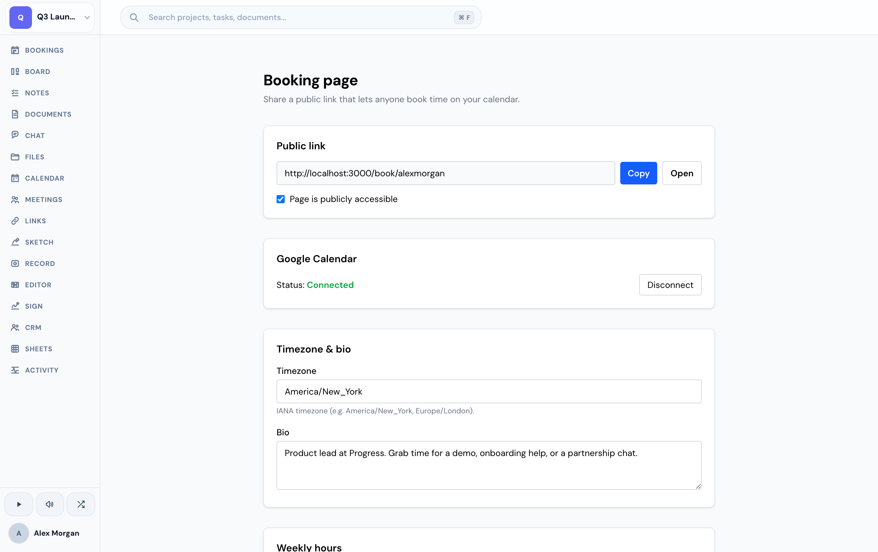 Booking settings — your public link, Google Calendar connection, timezone, and bio.