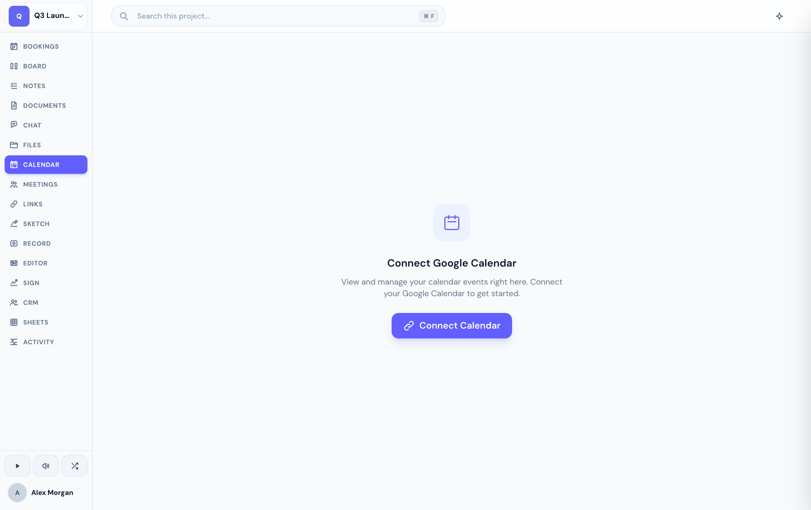 The Calendar tab prompts you to connect Google Calendar.