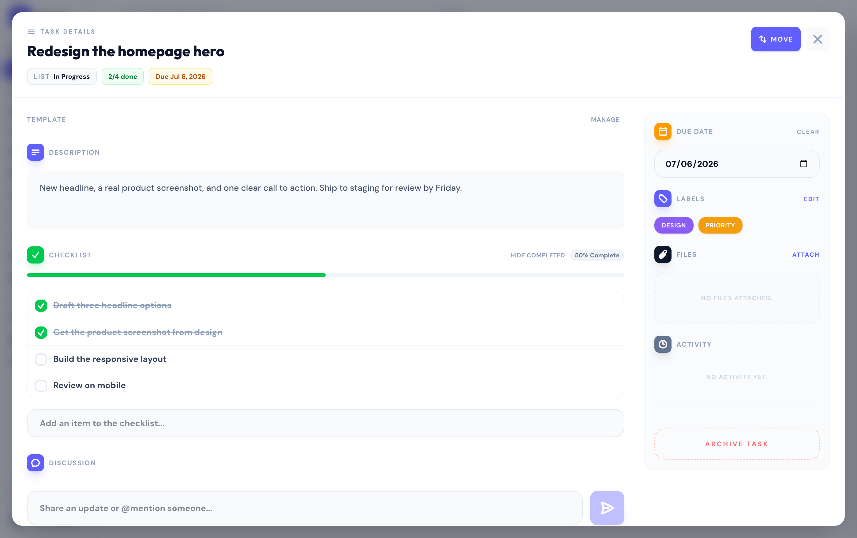 The card detail panel — description, a checklist with progress, labels, a due date, and the discussion.