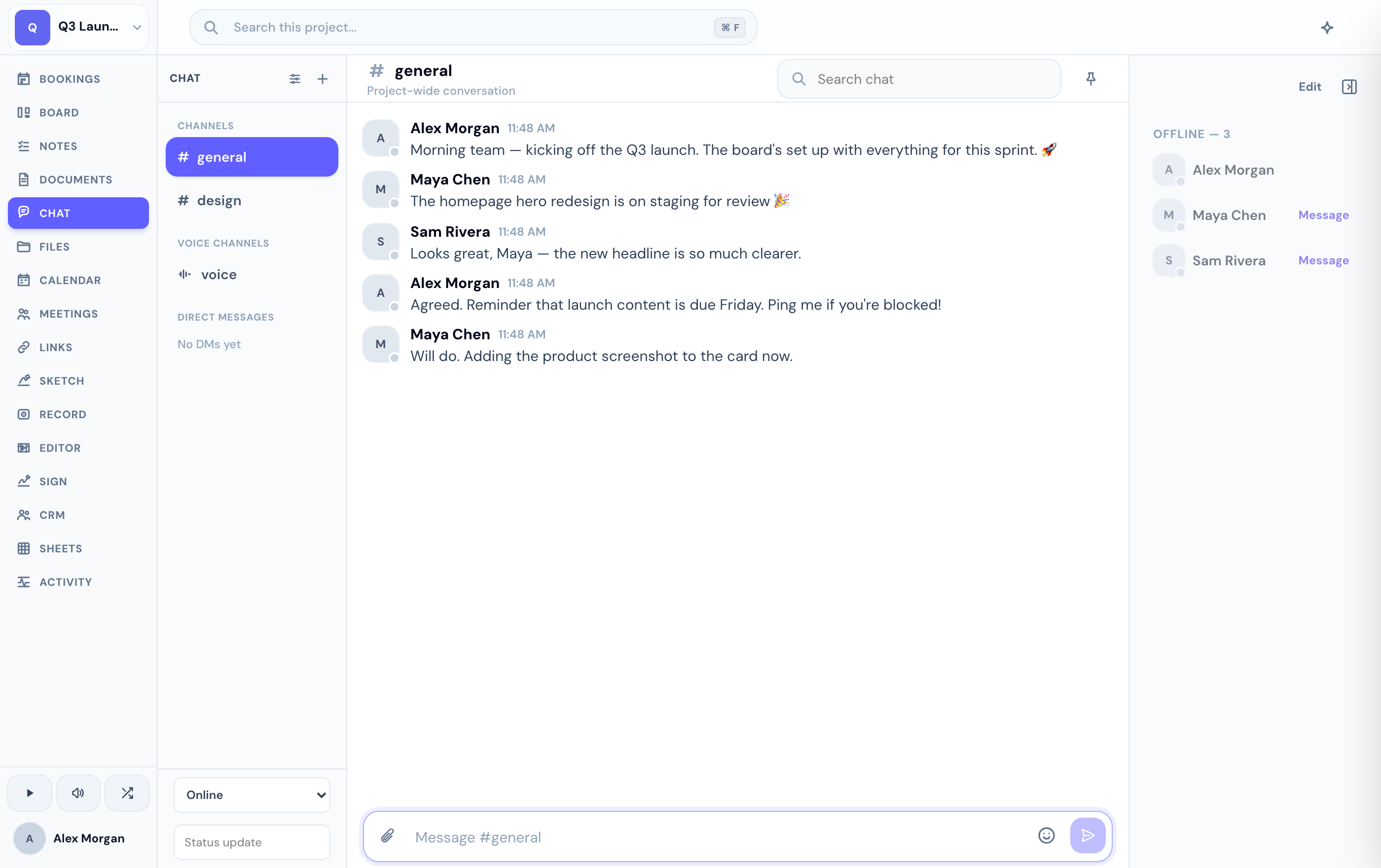 Project chat — the channel list, a conversation between teammates, and who's online.