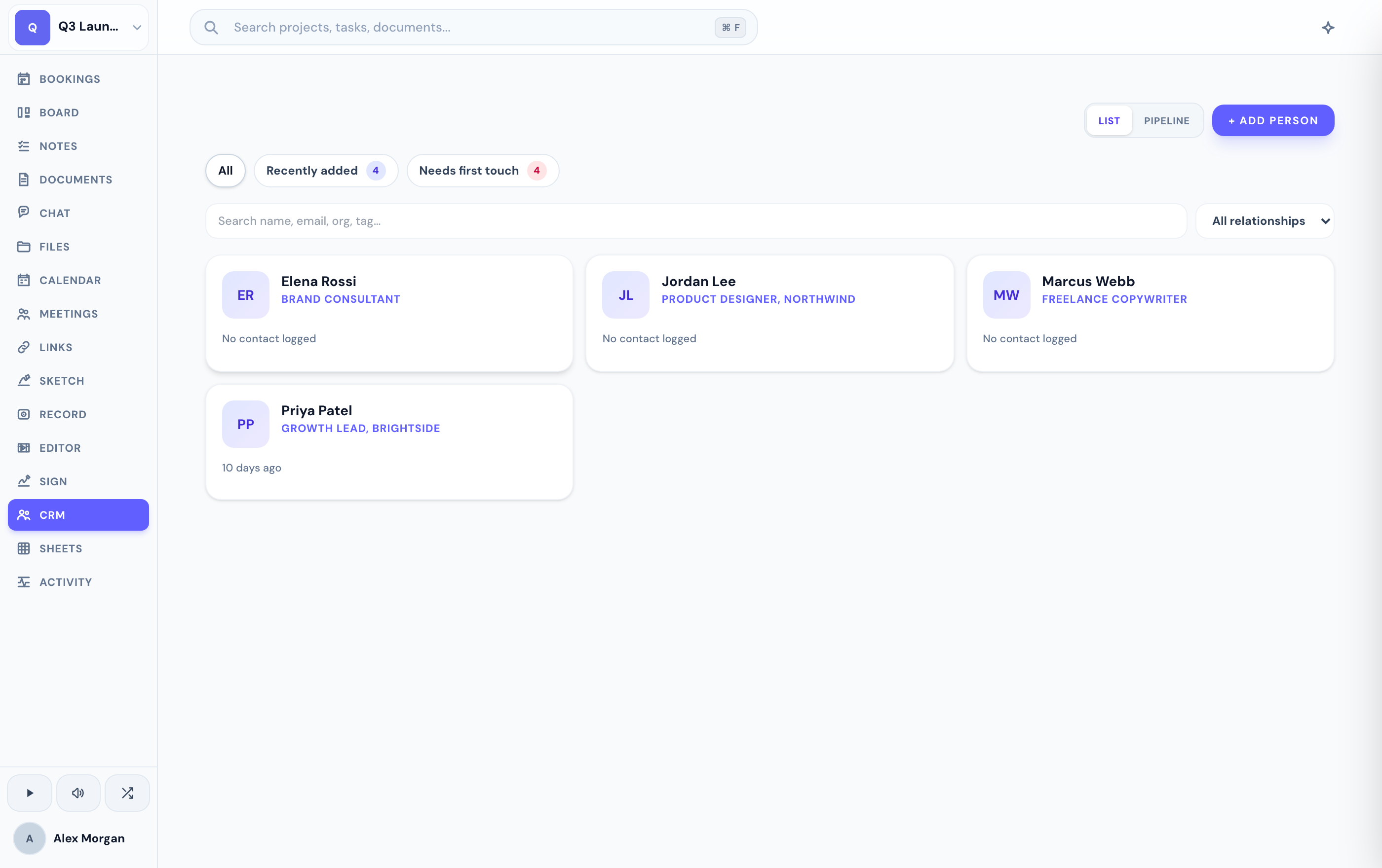 The CRM — contacts with roles, filters, and list/pipeline views.