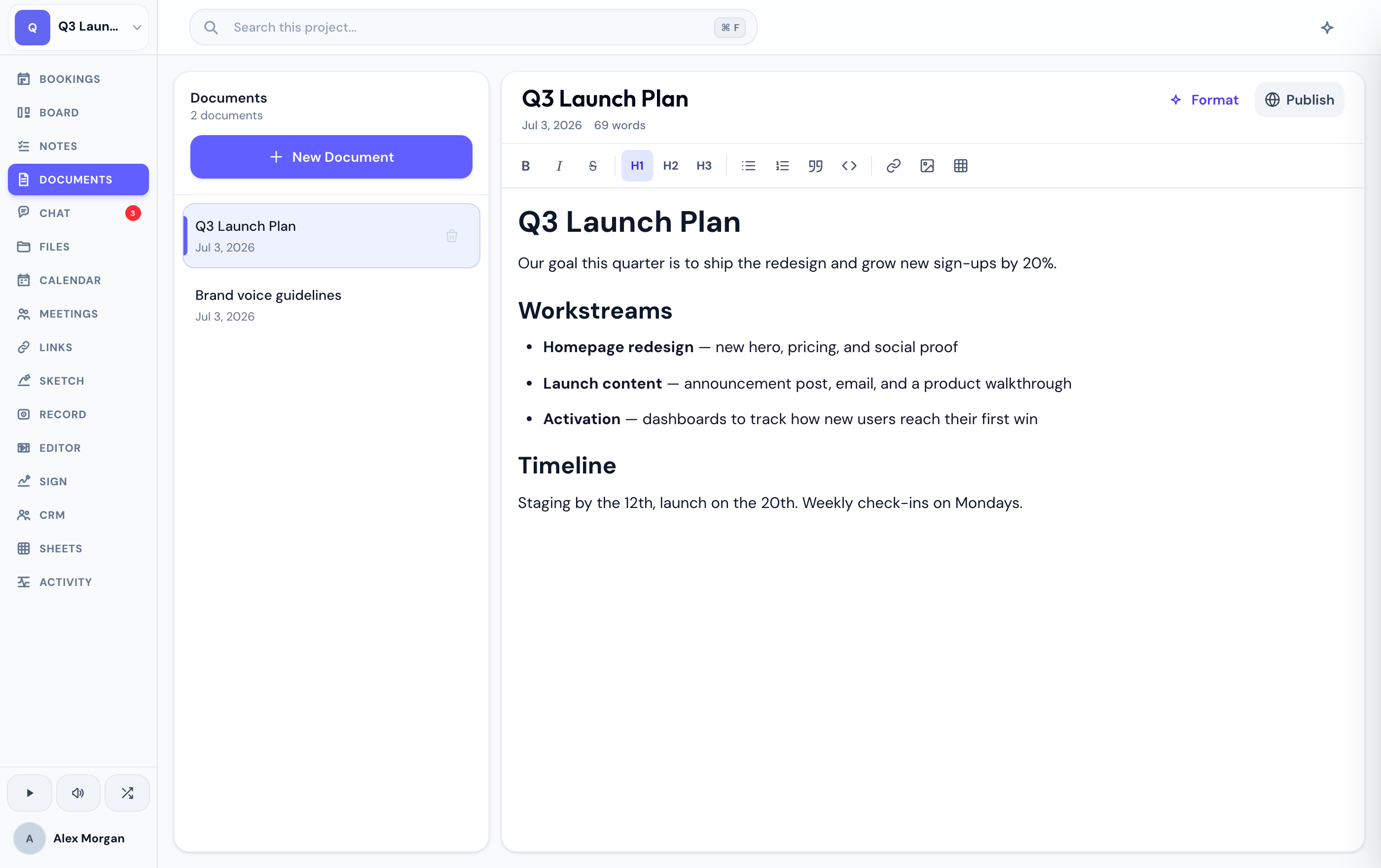 The document editor with a project plan open beside the documents list.