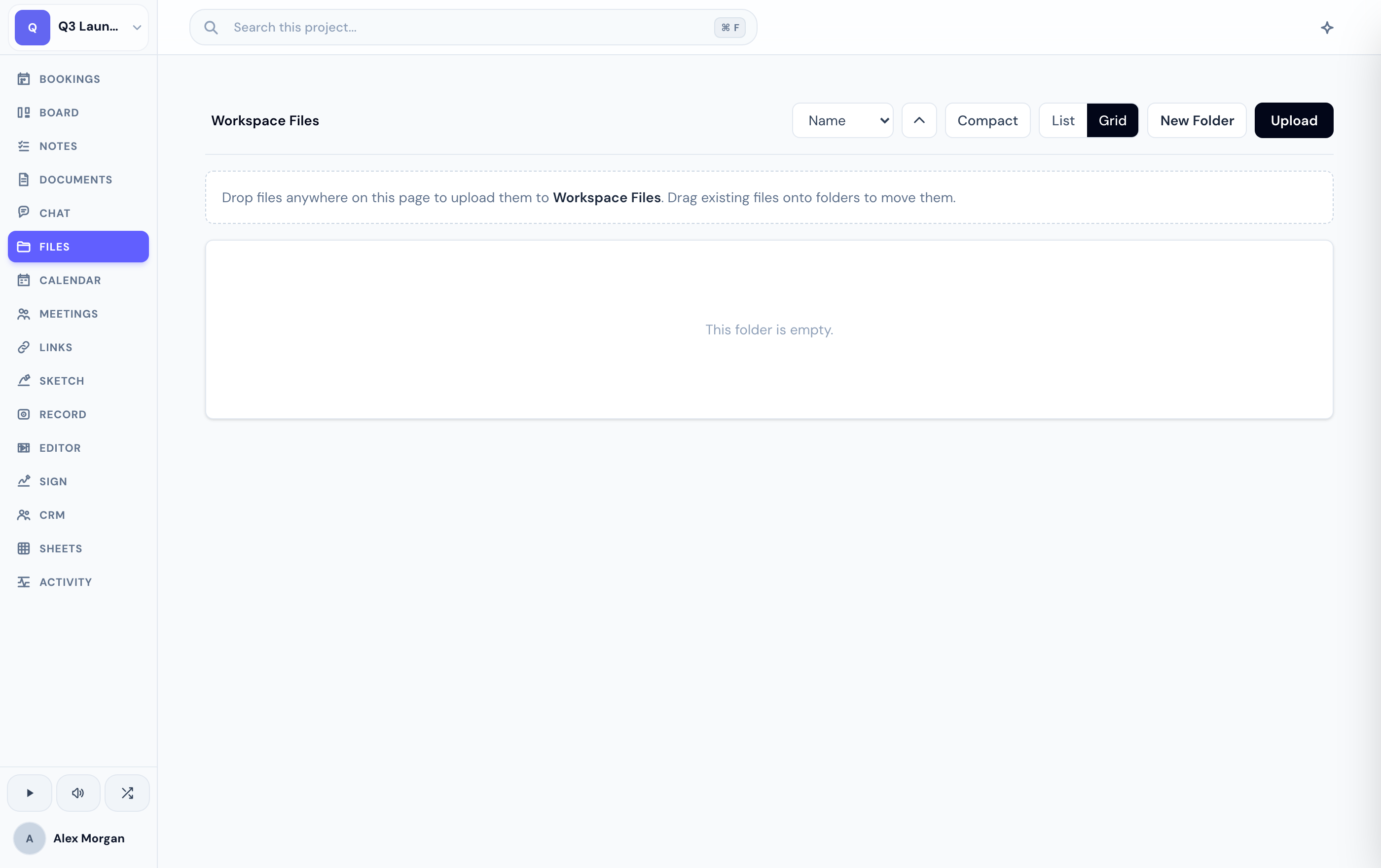 The Files tab — upload and organize project files and folders.