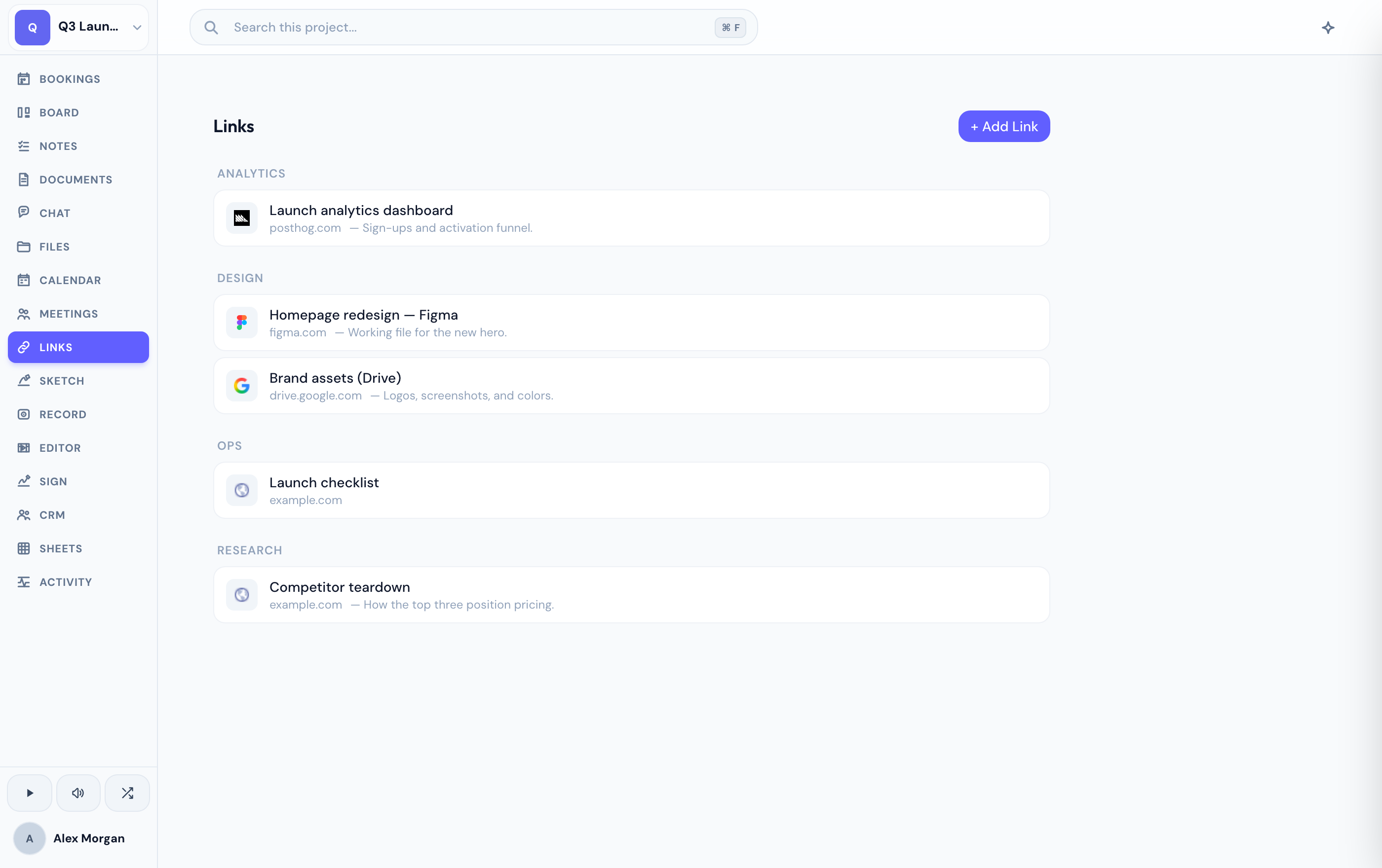 The Links tab — saved bookmarks, grouped by category.