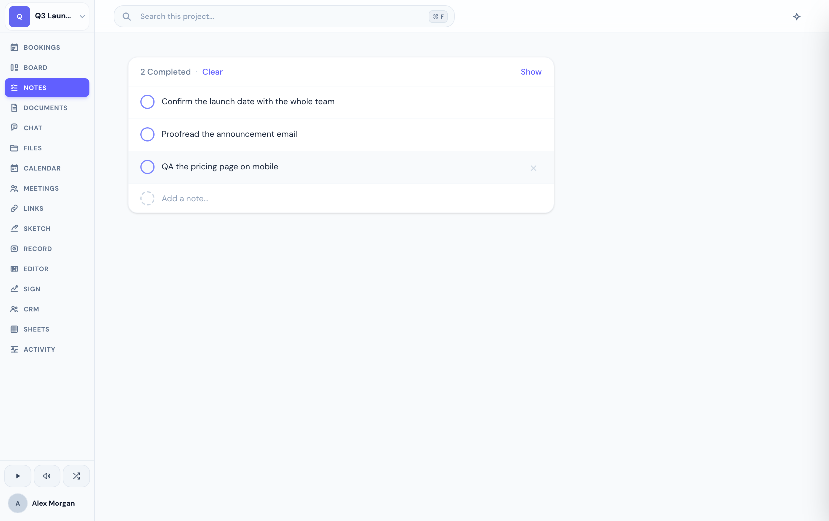 The Notes tab — a quick per-project checklist.