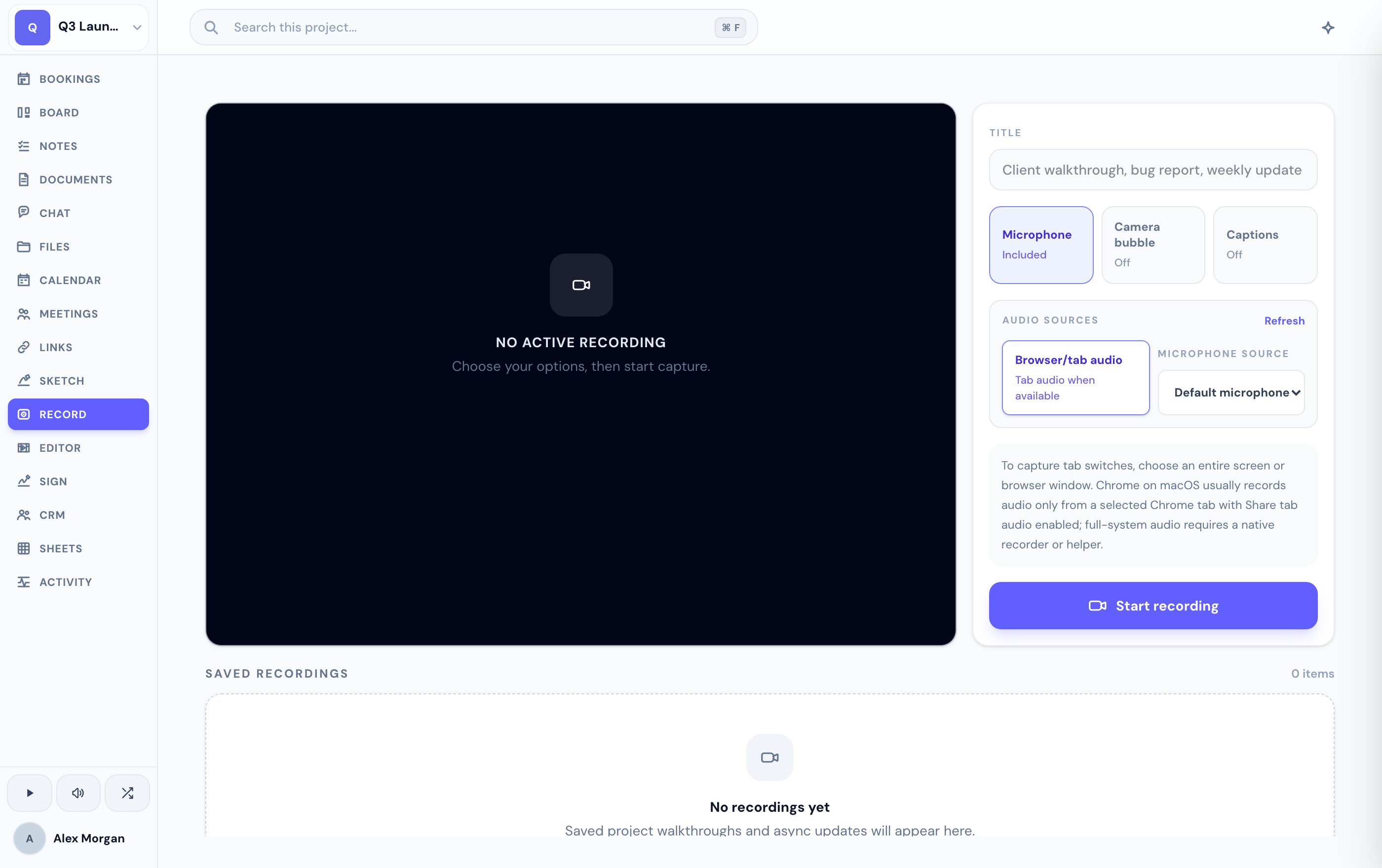 The Record tab — capture your screen or camera.