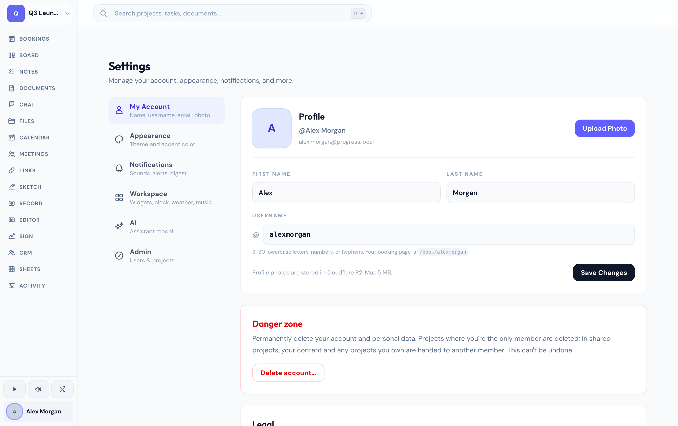 The Settings screen, showing the profile fields and the account danger zone.