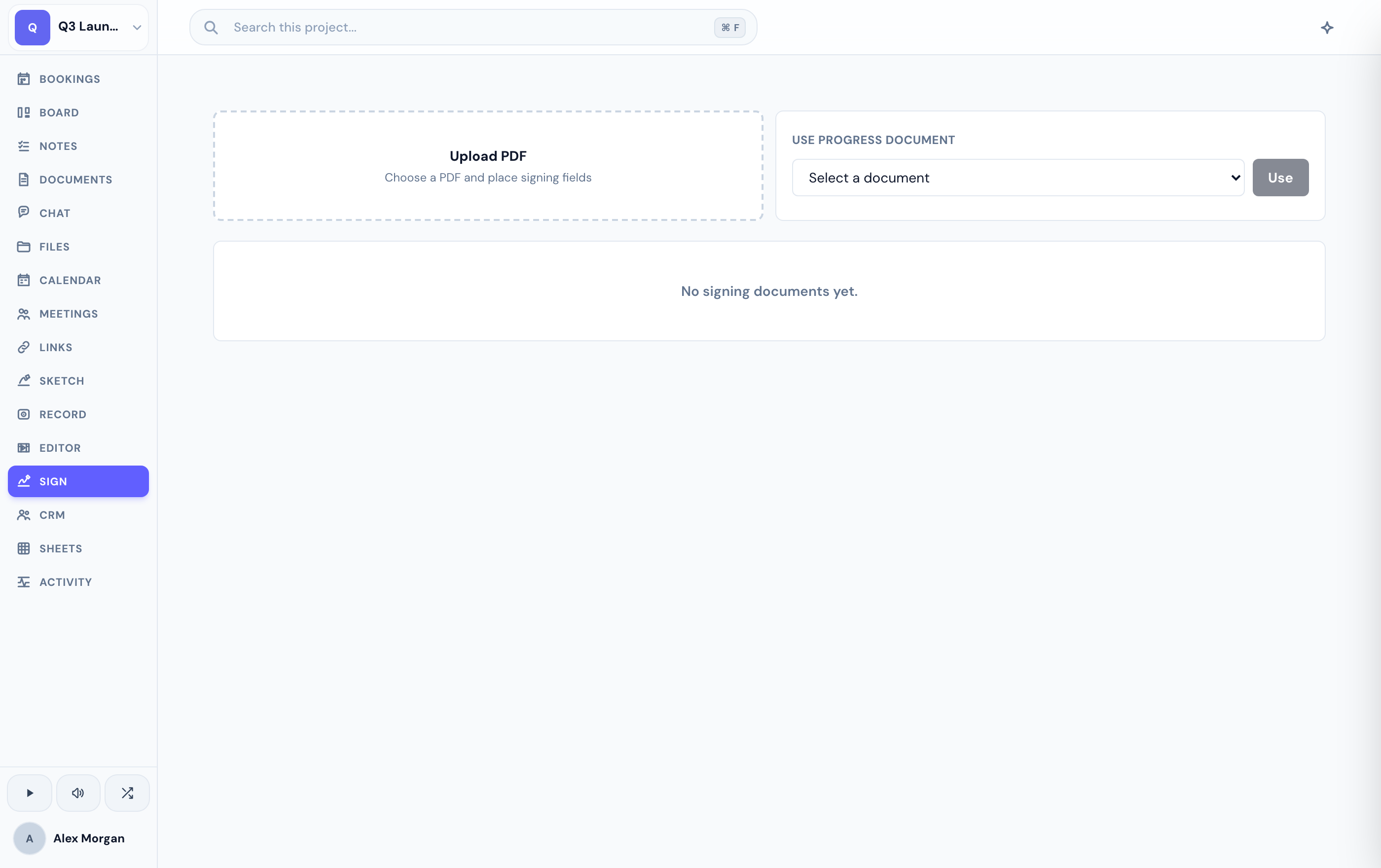 The Sign tab — request signatures on a document.
