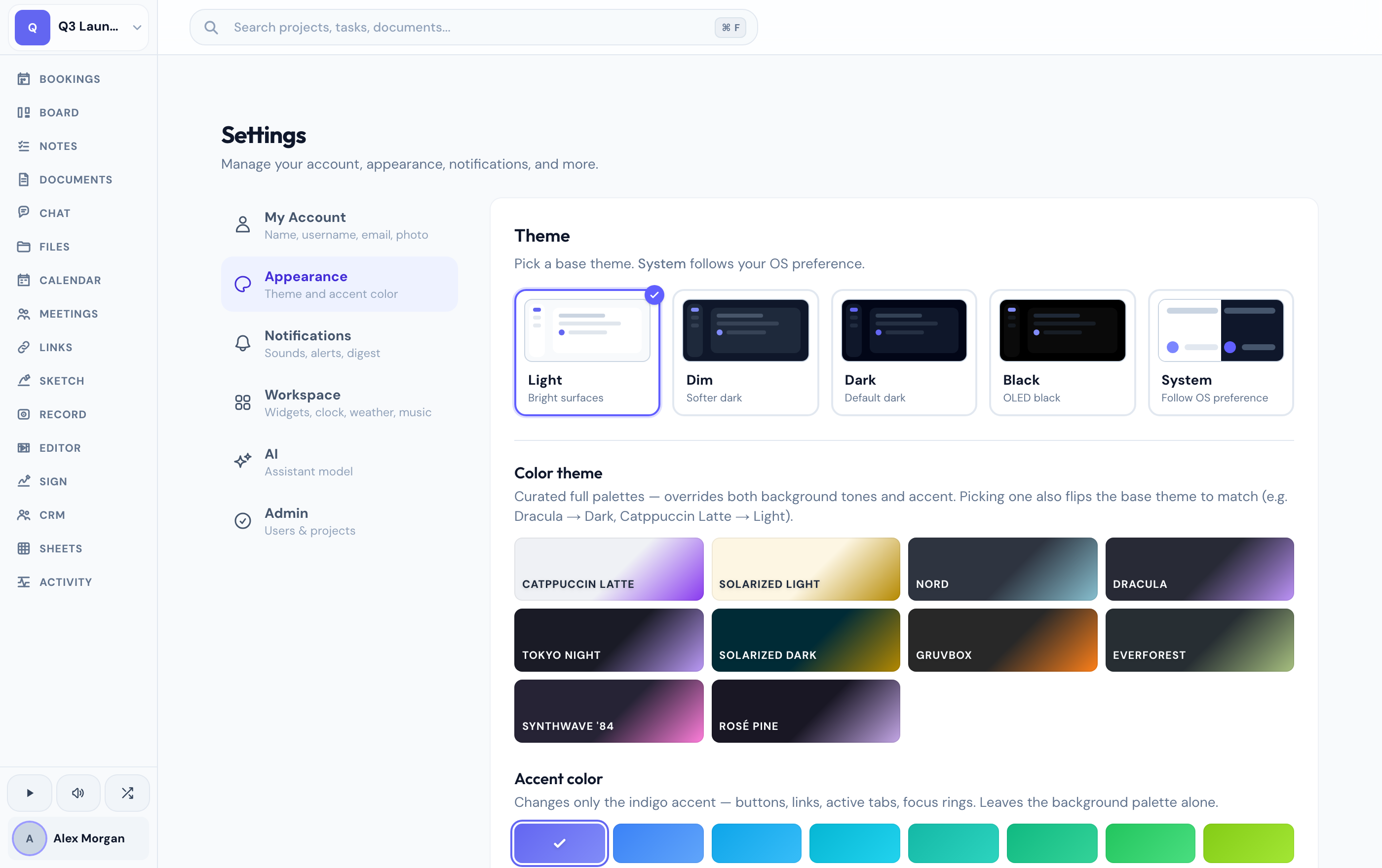 Settings → Appearance — base themes, curated color palettes, and accent colors.